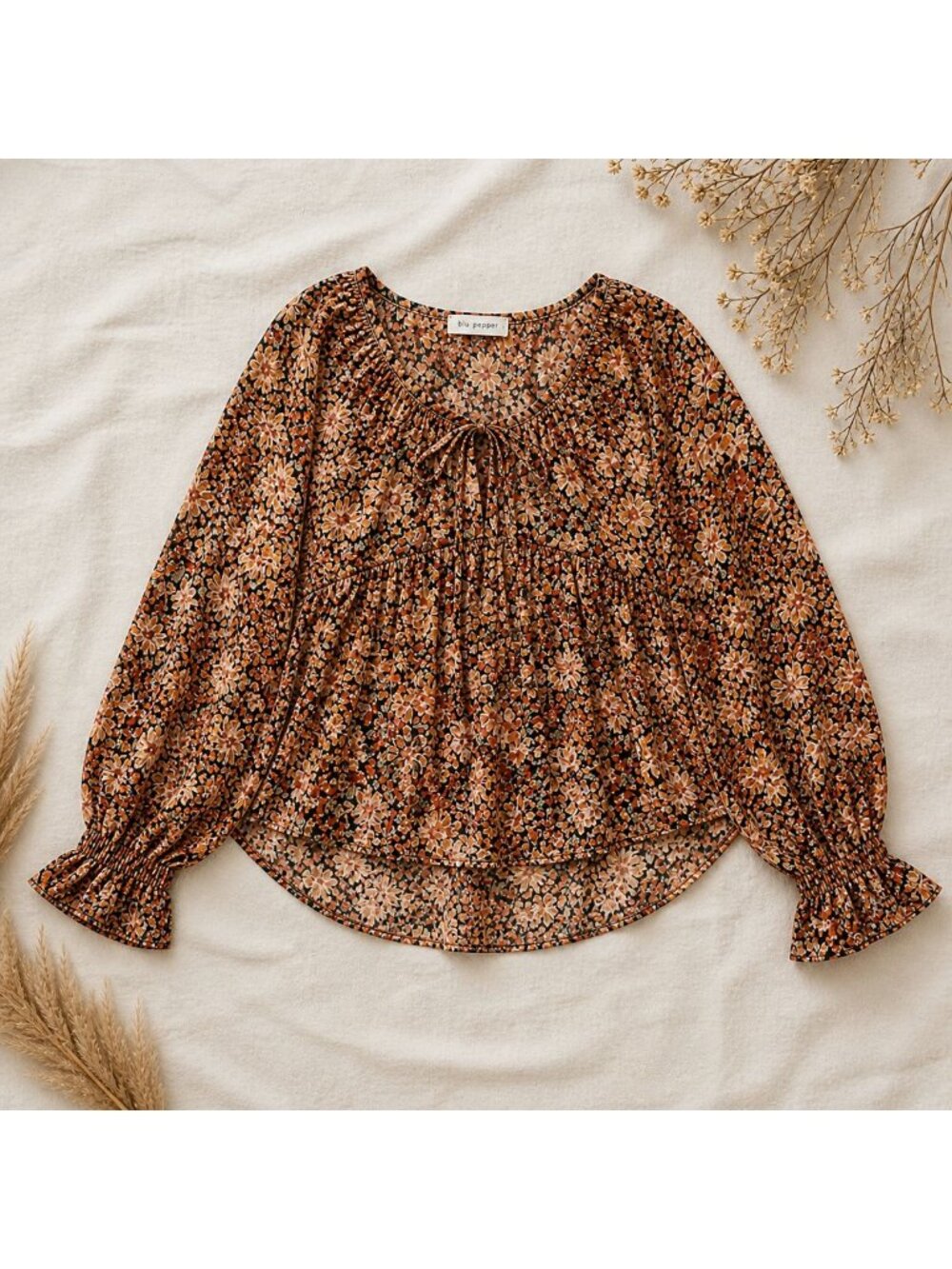 Blu Pepper Floral Peplum Blouse Size M Boho Long Sleeve Tie Front Sheer Top - Picture 4 of 16